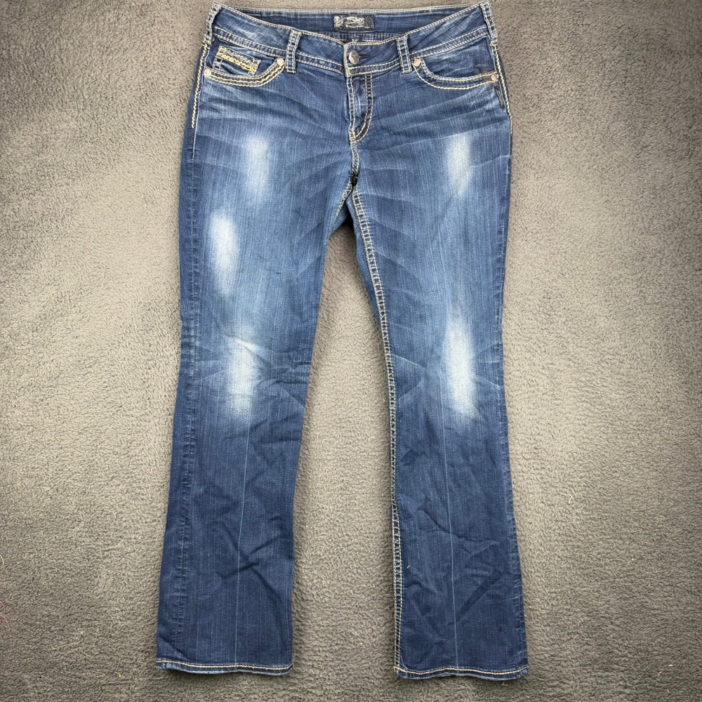 Silver Jeans Co Suki Mid Bootcut Jeans Blue W34 L33 Thick Stitch Distressed